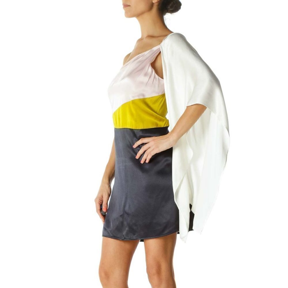 Backstage Navy Pink Green and White One Shoulder Dress - Picture 2 of 3
